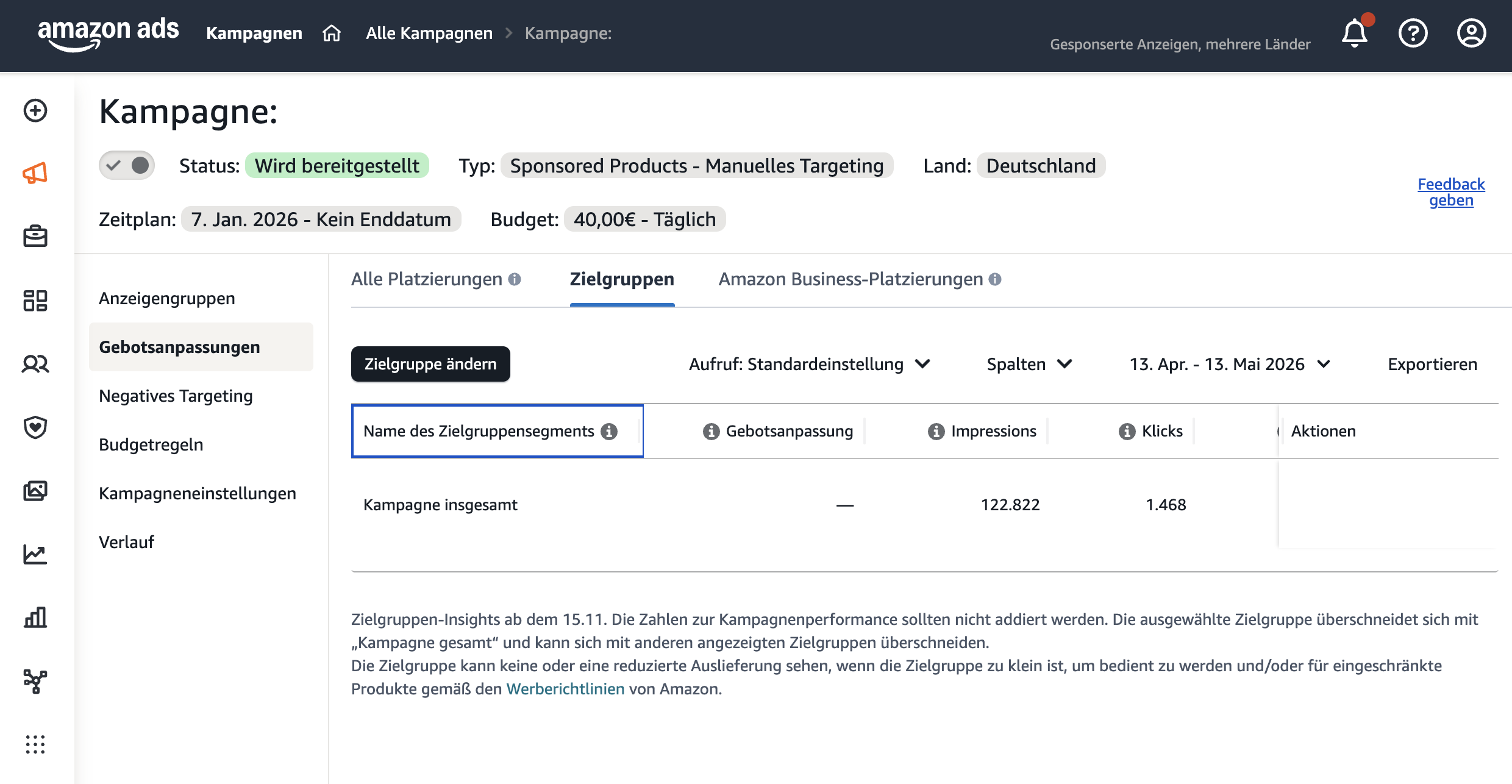 Amazon Ads Konsole: Zielgruppen-Reiter in einer Sponsored Products Kampagne mit Performance-Daten (Impressions, Klicks) der gesamten Kampagne.