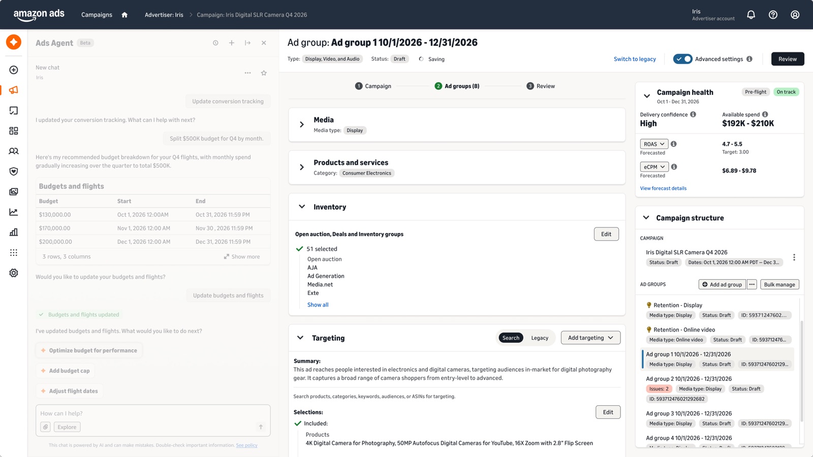 DVA+ mit aktivierten Advanced Settings, Campaign Health Score und Chat mit dem Ads Agent