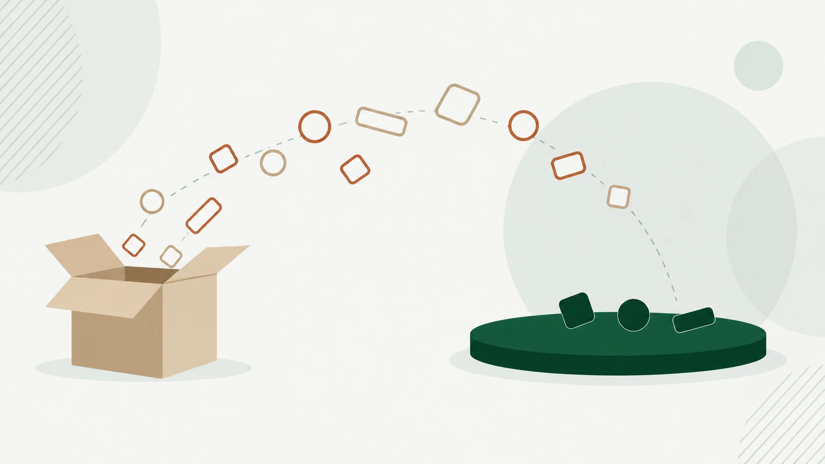 Flat-Illustration: Aus einer geöffneten Kiste fliegen viele Kacheln in einem Bogen, nur drei sind schon auf einer grünen Plattform gelandet