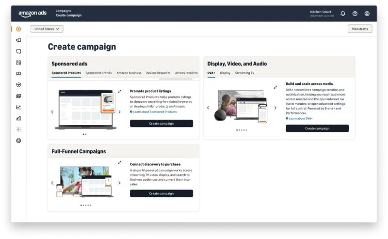 Neue Kampagnenanlage im Amazon Ads Agent mit drei Kacheln: Sponsored Ads, Display, Video und Audio sowie Full-Funnel Campaigns