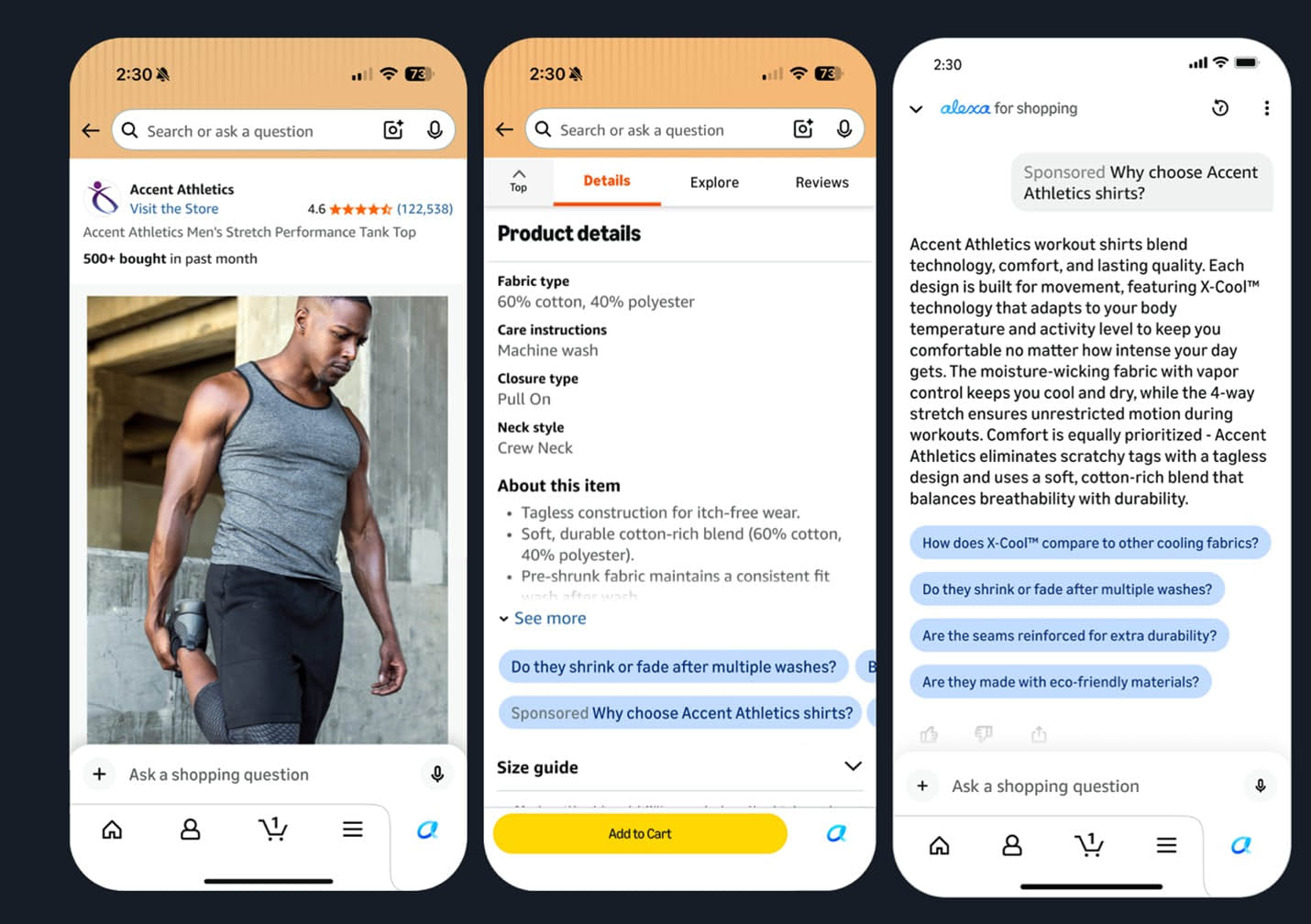 Sponsored Prompt auf der Produktseite öffnet ein Gespräch in Alexa for Shopping, die Antwort greift die Produktdetails auf