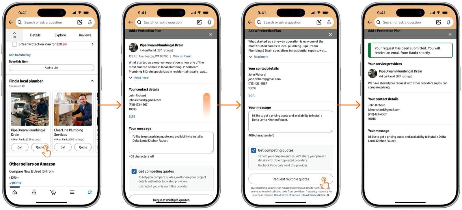 Sponsored Services: nach dem Kauf eines Wasserhahns zeigt Amazon lokale Installateure mit Anruf- und Angebotsbutton